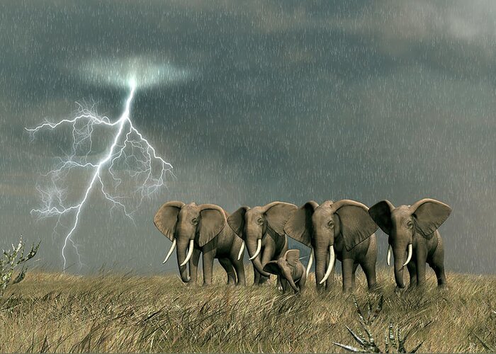 Elephant Greeting Card featuring the digital art Monsoon On The Serengeti by Walter Colvin