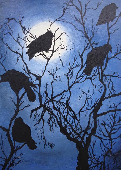 Crows Greeting Card featuring the painting Moonlit Roost by Leslie Manley