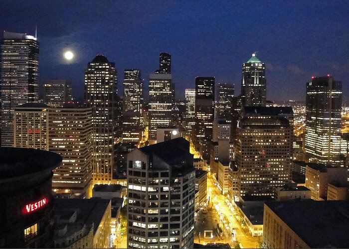 Seattle Greeting Card featuring the photograph Moonlit Seattle Skyline by Robert Meyers-Lussier