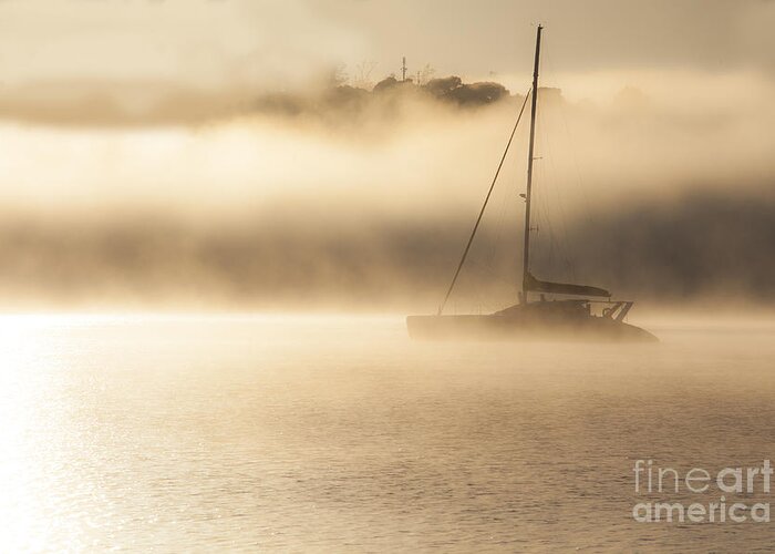 Ethereal Greeting Card featuring the photograph Morning mist with yacht by Sheila Smart Fine Art Photography