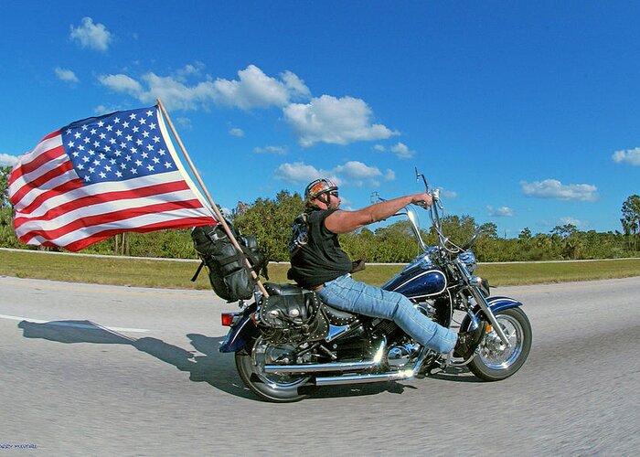 Motorcycle And Flag Greeting Card featuring the photograph Motorcycle and Flag by Larry Mulvehill