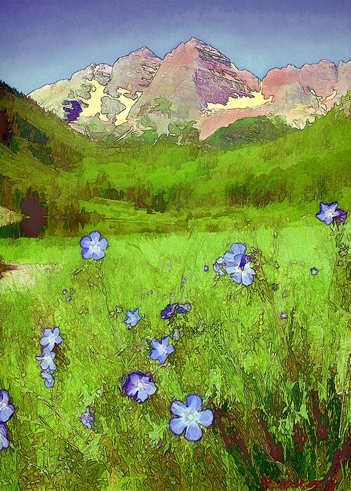 Maroon Bells Greeting Card featuring the digital art Mountain Flowersketch by Rick Wicker