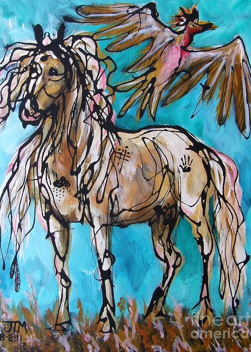 Horse Greeting Card featuring the painting Native Rain Flyer by Jonelle T McCoy