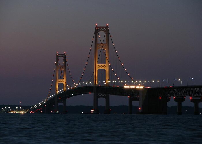 Mackinac Bridge Greeting Card featuring the photograph Night Approaches The Mackinac Bridge by Keith Stokes