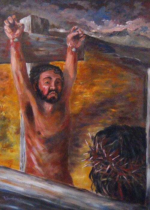 Crucifixion Greeting Card featuring the painting Now I Know by George Richardson