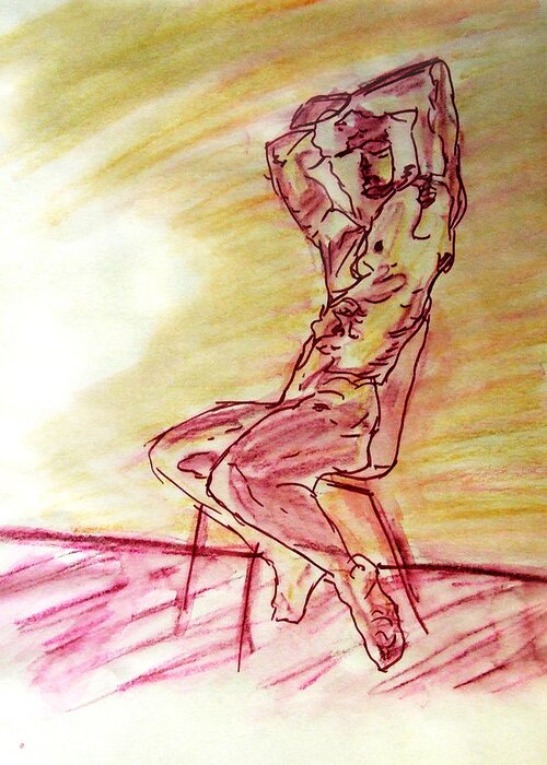 Nude Greeting Card featuring the painting Nude Man Sitting on Chair by Wall in Yellow Purple Sketch Watercolor Arms High Gazing Out View by M Zimmerman