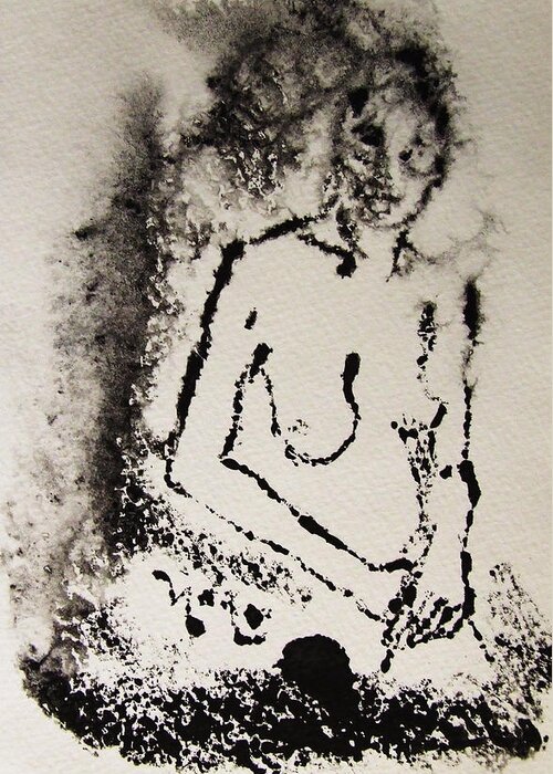Nude Greeting Card featuring the painting Nude Young Female that is Mysterious in a Whispy Atmospheric Hand Wringing Pose Monoprint Intaglio by M Zimmerman