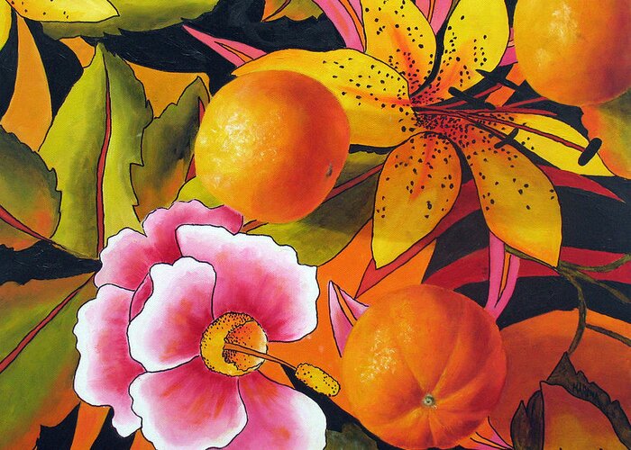 Still Life Greeting Card featuring the painting Orange Lily And Hibiscus by Marina Petro