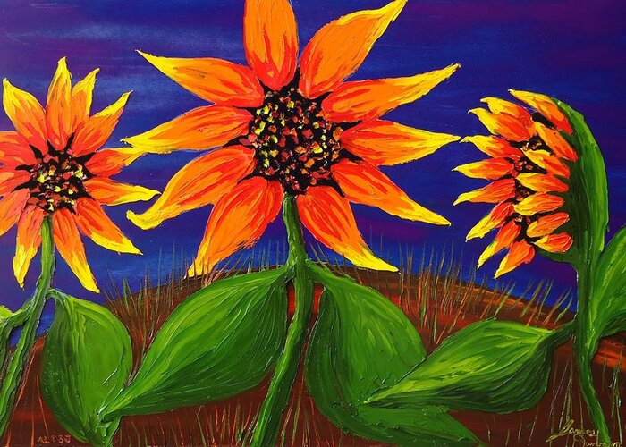  Greeting Card featuring the painting Orange Sunflowers Blue Sky by James Dunbar