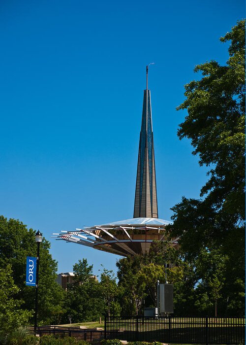 Oral Roberts University Greeting Card featuring the photograph ORU Prayer Tower Takeoff by David Waldo