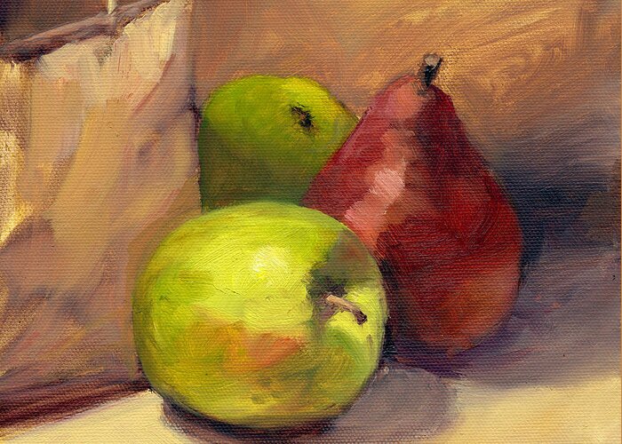 Apple Greeting Card featuring the painting Out of the Bag by Vikki Bouffard