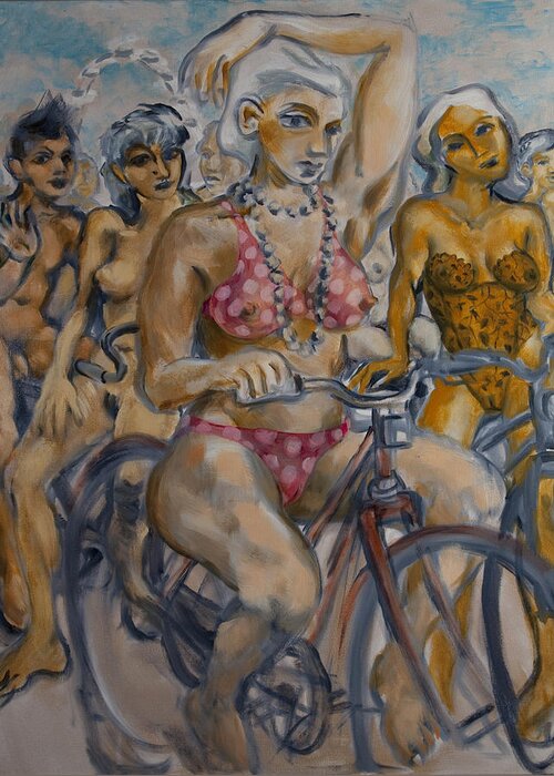 Nudes Greeting Card featuring the painting Painted ladies on the naked bike ride take a break in view of the London Eye by Peregrine Roskilly