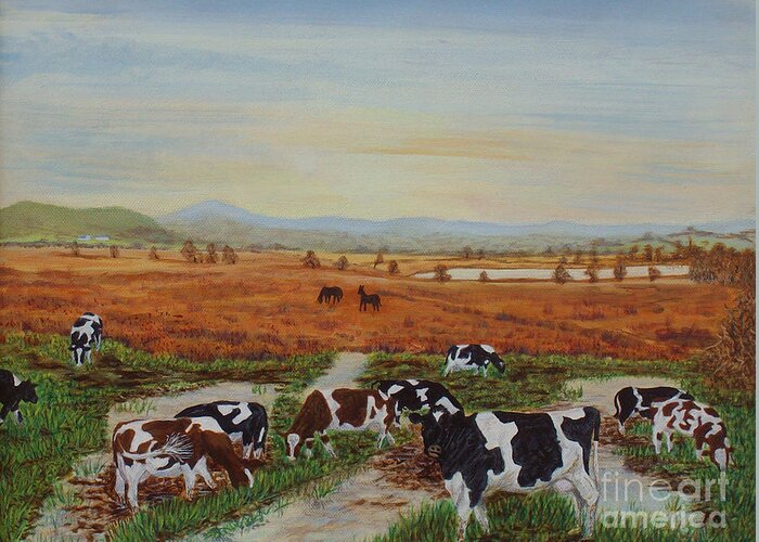 Cors Caron Greeting Card featuring the painting Painting Cows on Cors Caron Tregaron by Edward McNaught-Davis