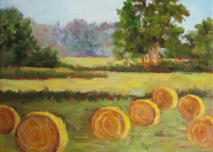 Hay Greeting Card featuring the painting Painting of Round Hay Bales by Cheri Wollenberg