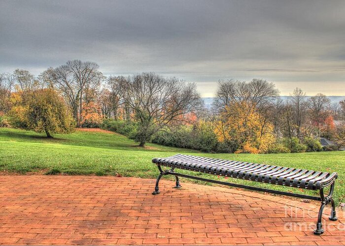 Hdr Greeting Card featuring the photograph Park Bench Cincinnati Observatory by Jeremy Lankford