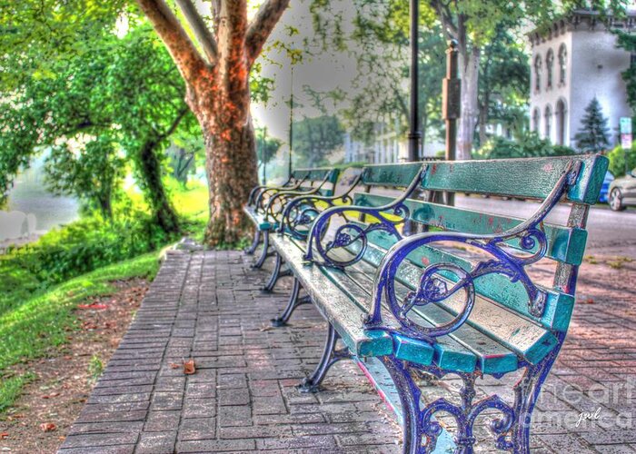 Outdoor Greeting Card featuring the photograph Park Bench on Riverside Drive by Jeremy Lankford