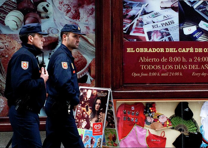 Madrid Greeting Card featuring the photograph Passing Plaza Police by Lorraine Devon Wilke