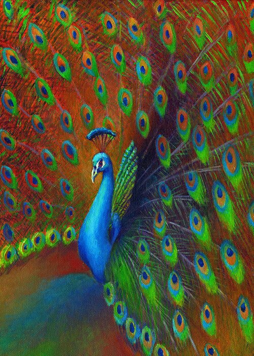 Feather Greeting Card featuring the painting Peacock Spread by Nancy Tilles