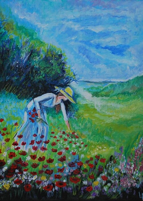Poppy Greeting Card featuring the painting Picking Flowers by Leslie Allen