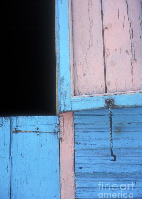 Dominican Republic Greeting Card featuring the photograph PINK AND BLUE SHUTTERS Barahona Dominican Republic by John Mitchell