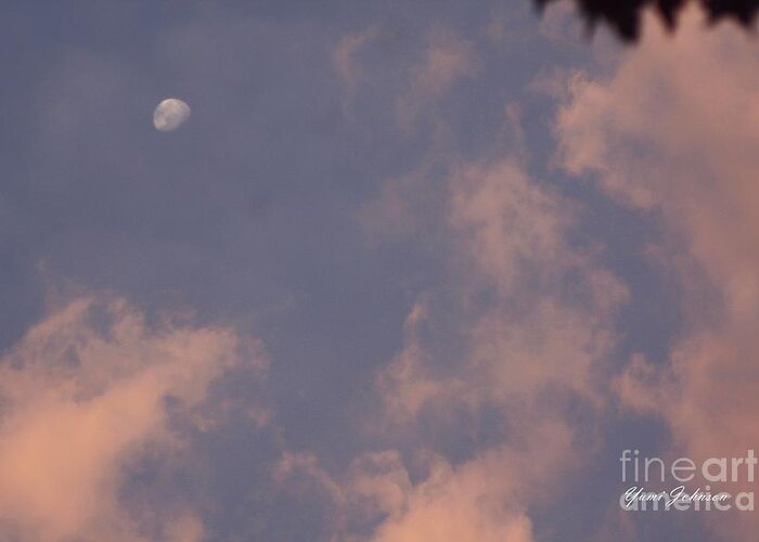 Clouds Greeting Card featuring the photograph Pink clouds with Moon by Yumi Johnson