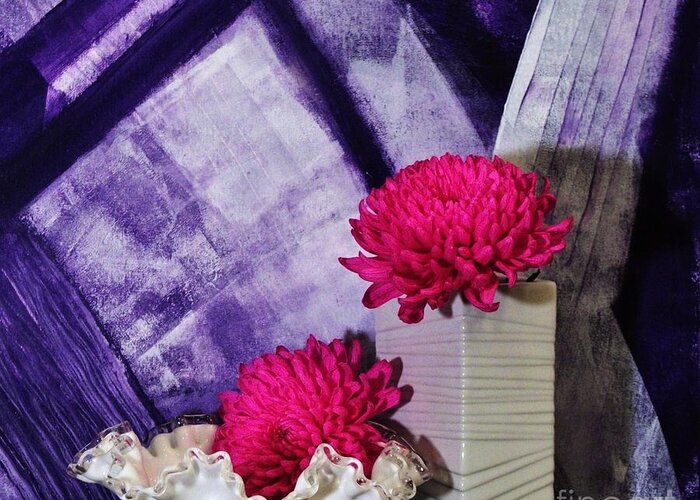 Photo Greeting Card featuring the photograph Pink Mums on Purple by Marsha Heiken