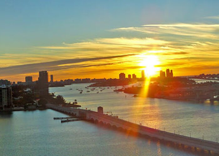 Miami Panorama Greeting Card featuring the photograph Port of Miami Panorma at sundown by Dejan Jovanovic