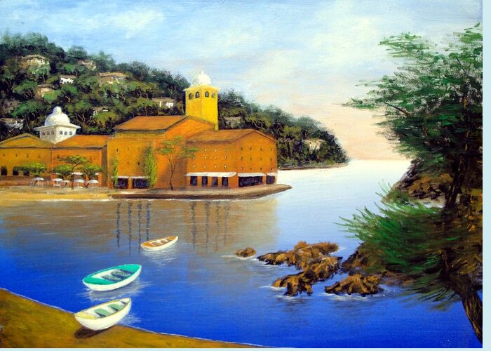 Italy Mediterranean Art Tuscany Greeting Card featuring the painting Portofino Pleasures by Larry Cirigliano