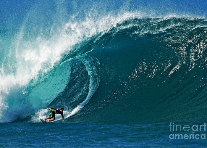 Pipeline Greeting Card featuring the photograph Pro Surfer Evan Valiere Surfing in the Pipeline Masters Contest by Paul Topp