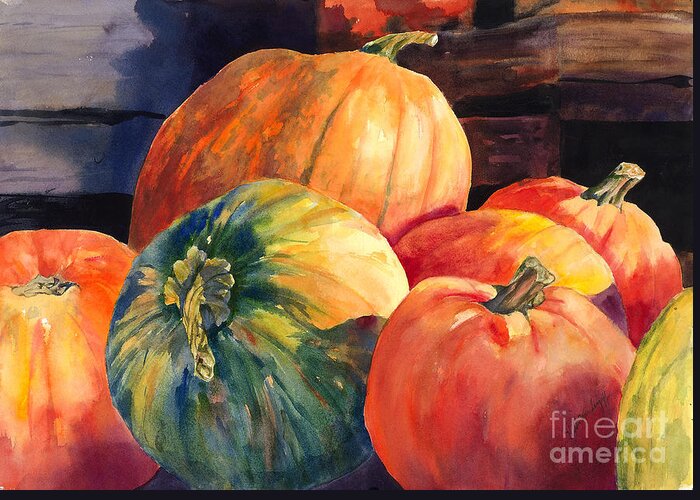 Pumpkins Greeting Card featuring the painting Pumpkins and Green Pumpkin by Hilda Vandergriff