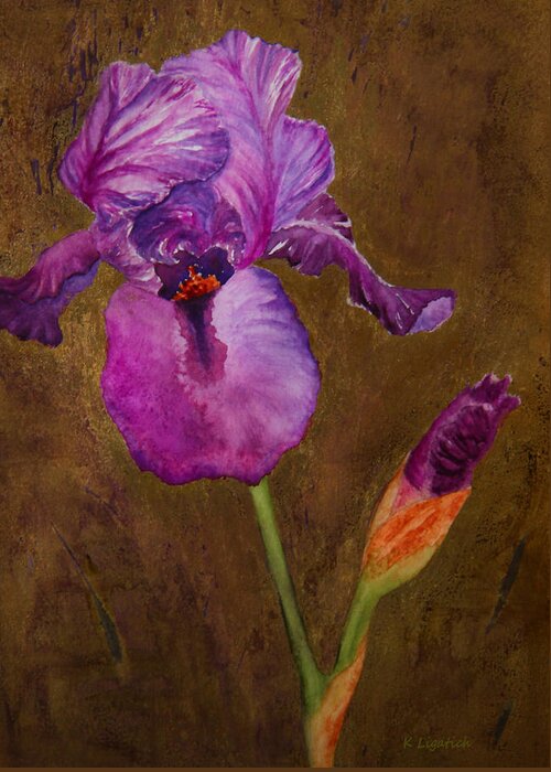 Iris Greeting Card featuring the painting Purple Bearded Iris with a Gold Leaf Textured Background by Kerri Ligatich