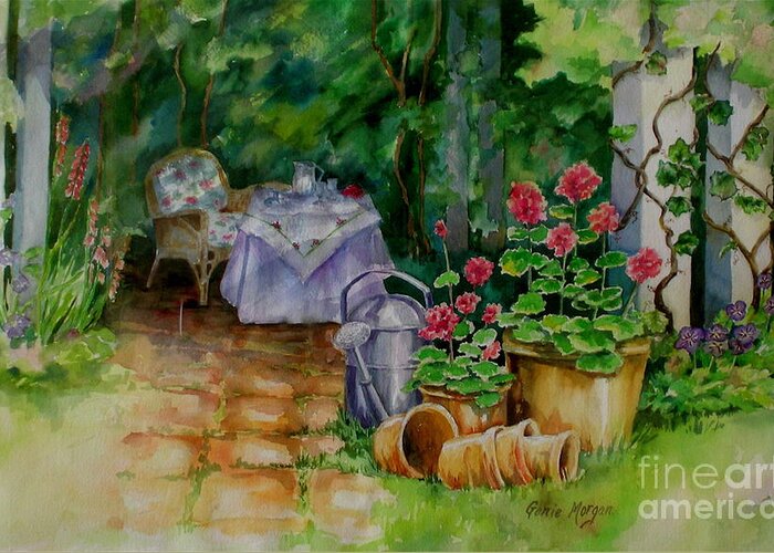 Garden And Flowers Greeting Card featuring the painting Quiet Garden by Genie Morgan
