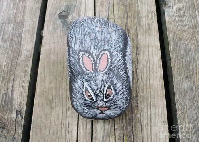 Rabbit Greeting Card featuring the painting Rabbit Rock Painting by Monika Shepherdson