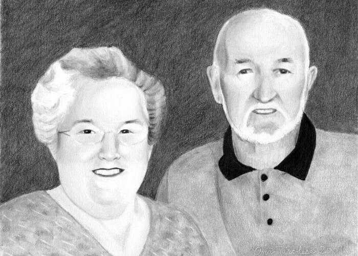 Portrait Greeting Card featuring the drawing Raeleen and Jim Campbell by Ana Tirolese