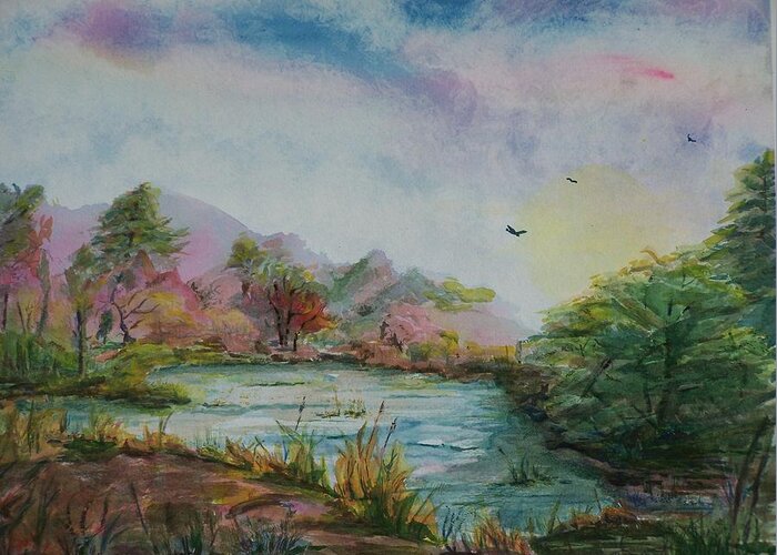 Pond Greeting Card featuring the painting Rainbow Pond by Barbara McGeachen