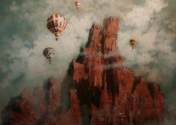 Balloons Greeting Card featuring the painting Rally Over Castle Rock by Tom Shropshire