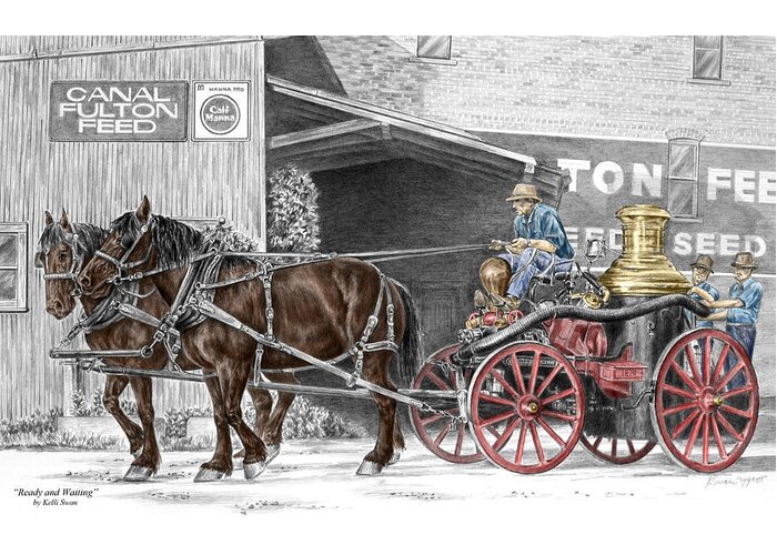 Canal Fulton Greeting Card featuring the drawing Ready and Waiting - Canal Fulton Ohio Fire Engine Print by Kelli Swan