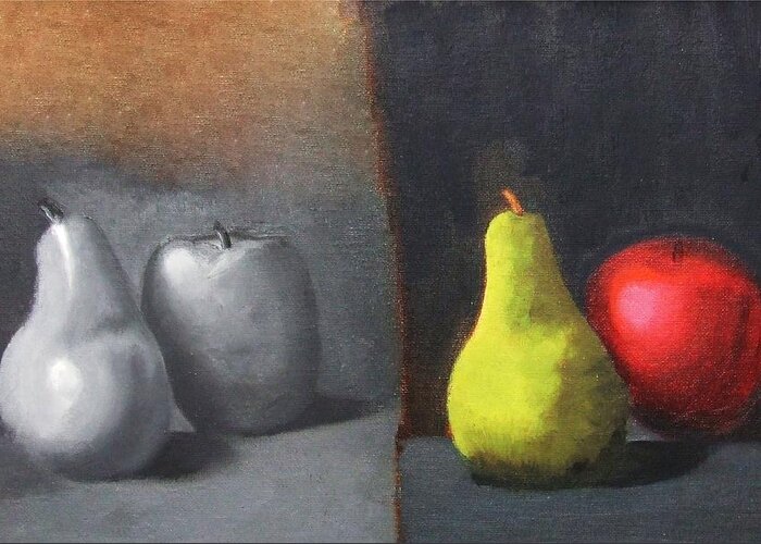 Red Greeting Card featuring the painting Red Apple Pears and Pepper in Color and Monochrome Black White Oil Food Kitchen Restaurant Chef Art by M Zimmerman MendyZ