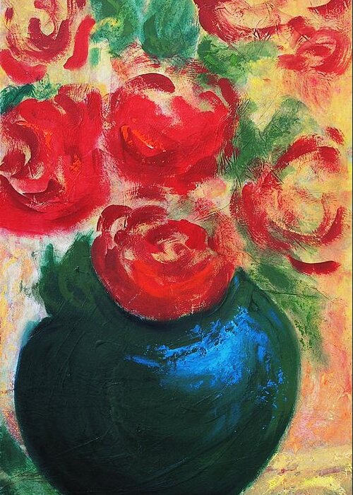 Original Greeting Card featuring the painting Red Roses In Blue Vase by G Linsenmayer