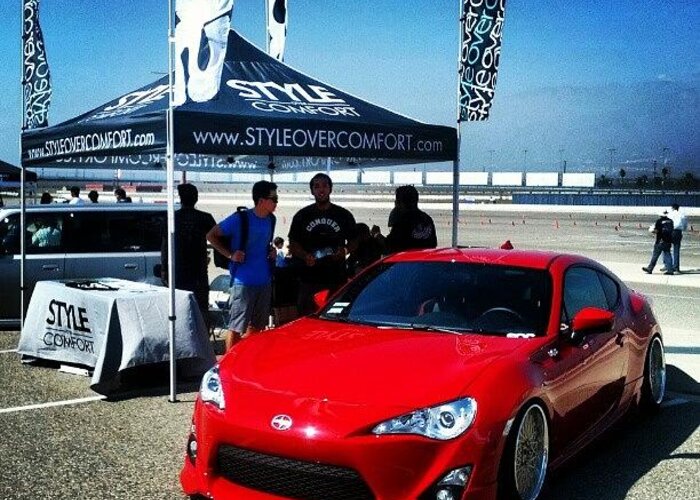 Google Greeting Card featuring the photograph Red Scion Fr-s At Auto Club Speedway by Camera Hacker