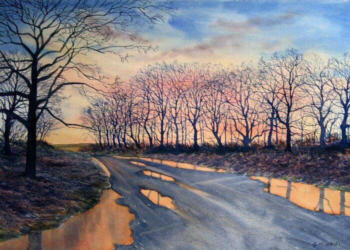 Watercolour Greeting Card featuring the painting Red Sky on the Road from Sledmere by Glenn Marshall