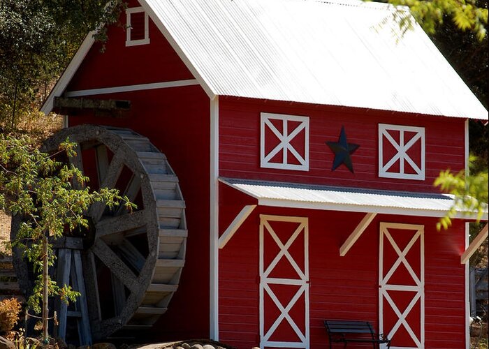 Red White Black Star Barn Water Wheel Bench Trees Honeyrun Ca Greeting Card featuring the photograph Red Star Barn by Holly Blunkall