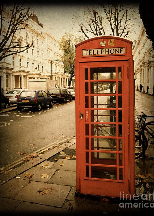 Telephone Booth Greeting Card featuring the photograph Red Telephone Booth in London England in a Grunge Vintage border by ELITE IMAGE photography By Chad McDermott