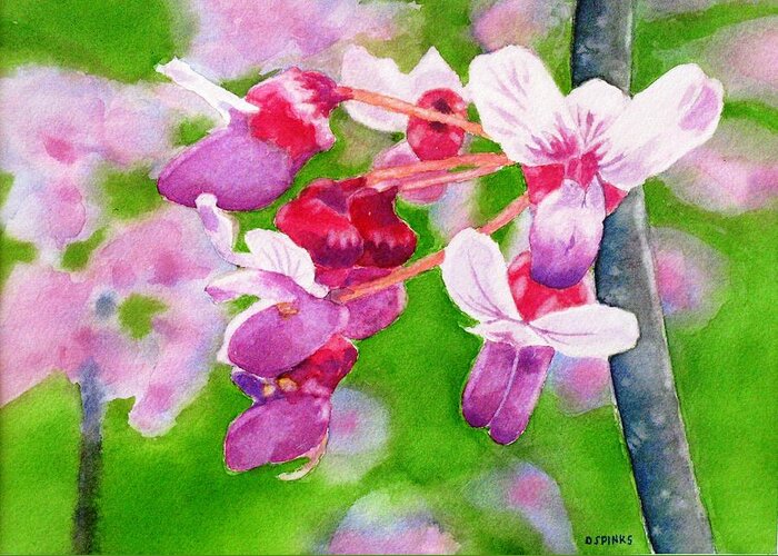 Redbud Greeting Card featuring the painting Redbud by Debra Spinks