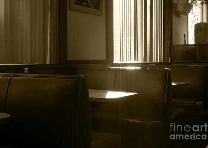Restaurant Greeting Card featuring the photograph Restaurant Booth With Streaming Sunlight in Sepia by Susan Stevenson