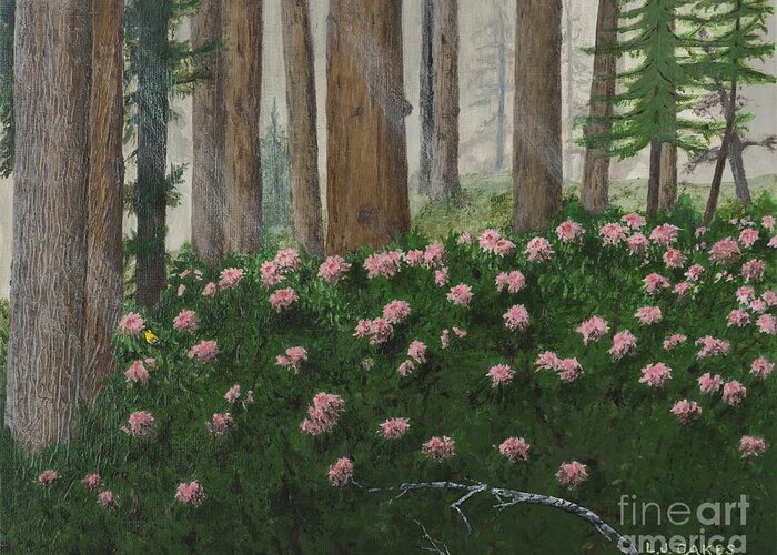 Rhododendrons Greeting Card featuring the painting Rhododendrons and Redwoods by L J Oakes