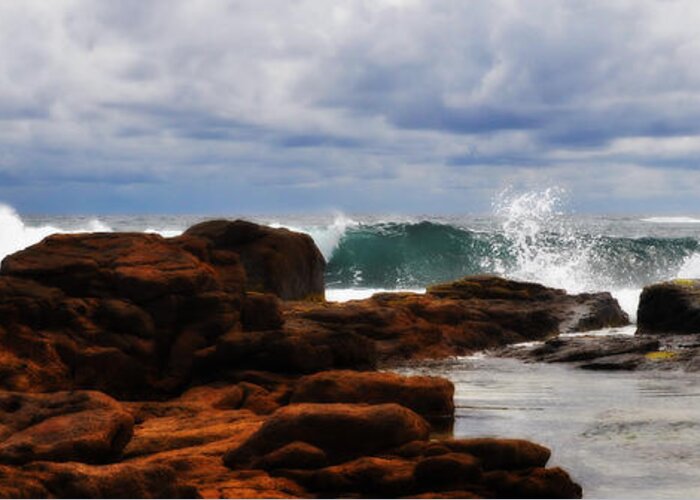 Landscapes Greeting Card featuring the photograph Rocks and Surf by Phill Petrovic