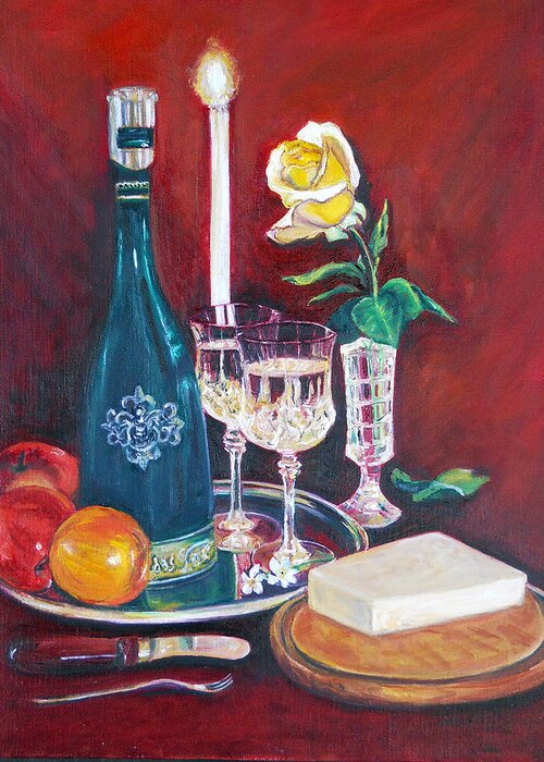 Still Life Of Champaign Greeting Card featuring the painting Romance Tonight by Olga Kaczmar