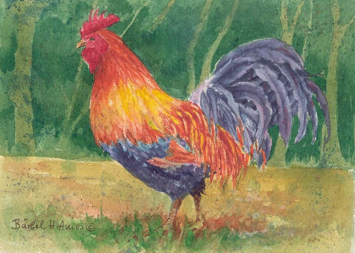 Rooster Greeting Card featuring the painting Rooster by Barbel Amos