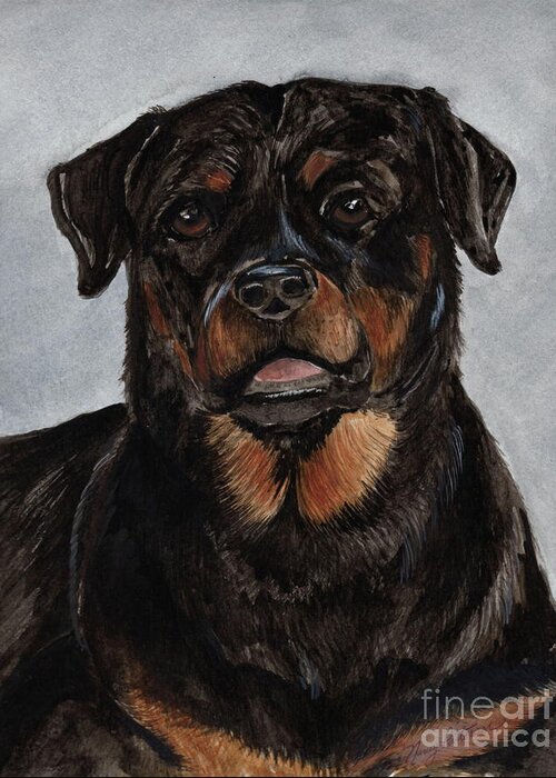 Rottweiler Dog Greeting Card featuring the painting Rottweiler by Nancy Patterson